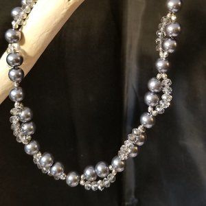 Handmade Grey Glass Pearl and Crystal Necklace